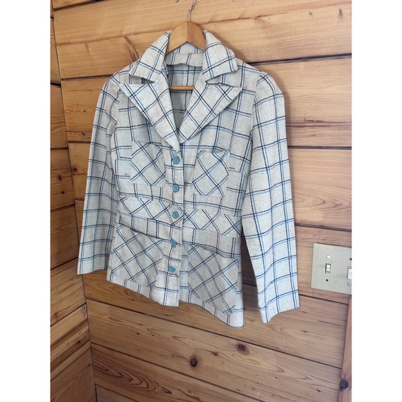 Vintage Plaid Linen Blazer Blue White Windowpane Check Tailored Jacket Handmade - Picture 2 of 11
